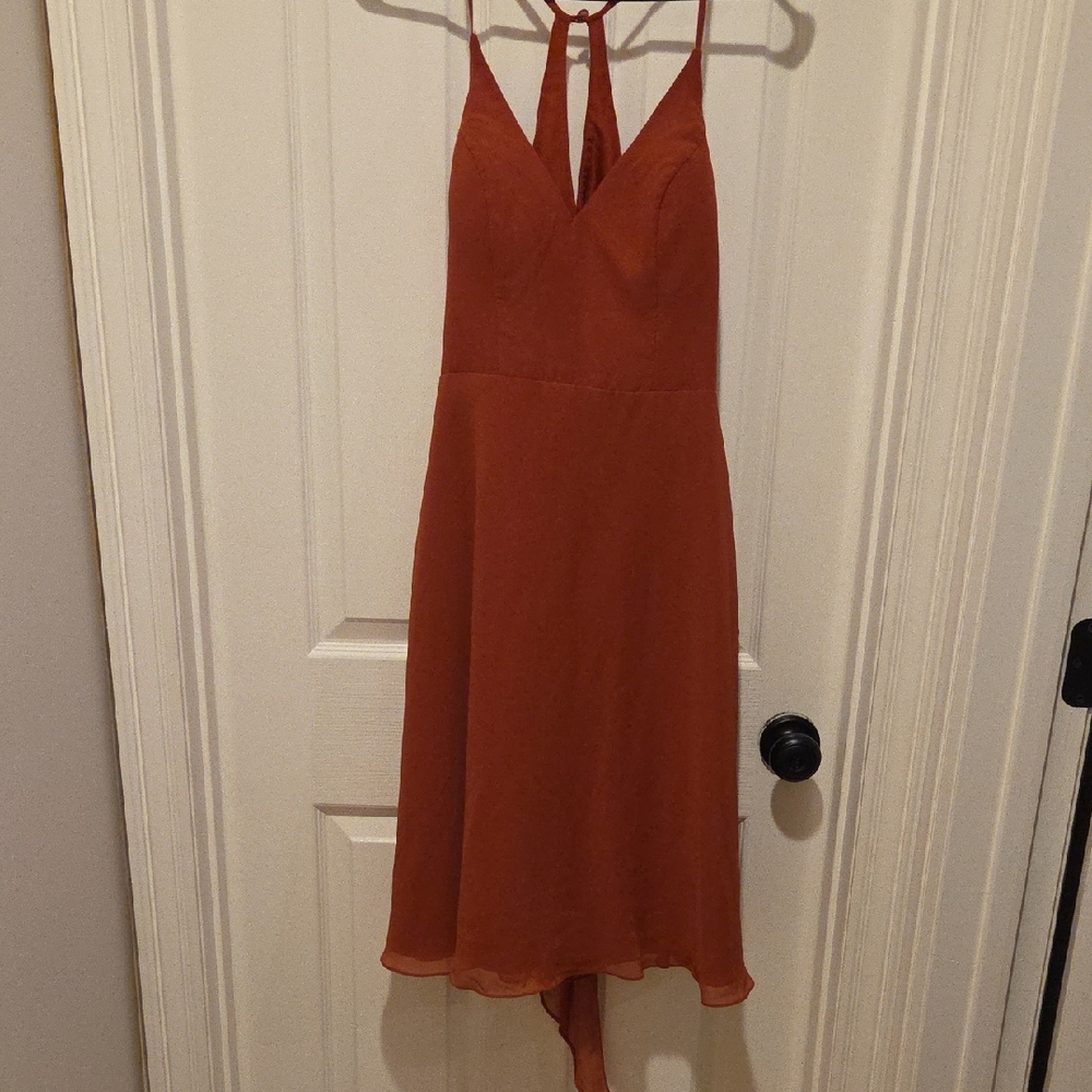 Azazie Orange Halter Backless Sundress Cocktail